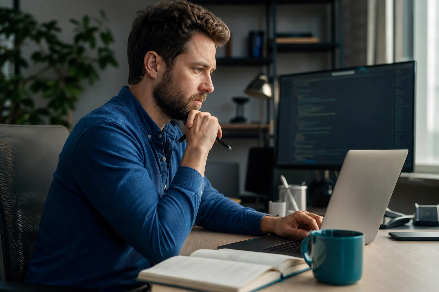 A software developer reviewing code at a desk