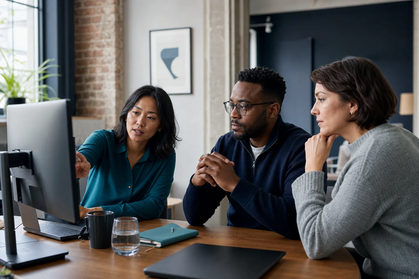 A team reviewing website information together in an office