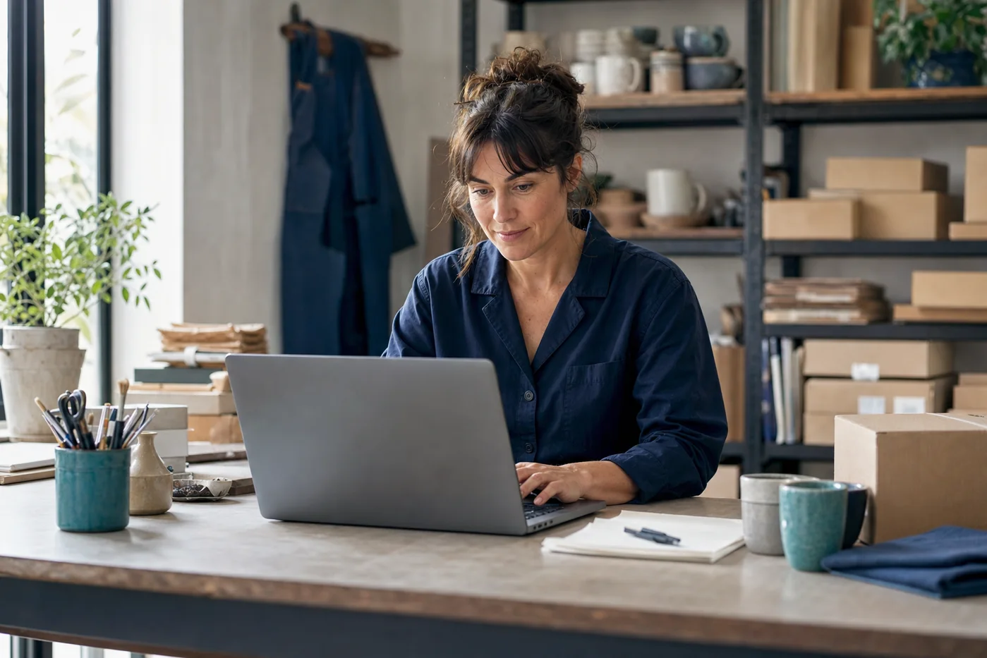 A website owner working at a laptop in a small business